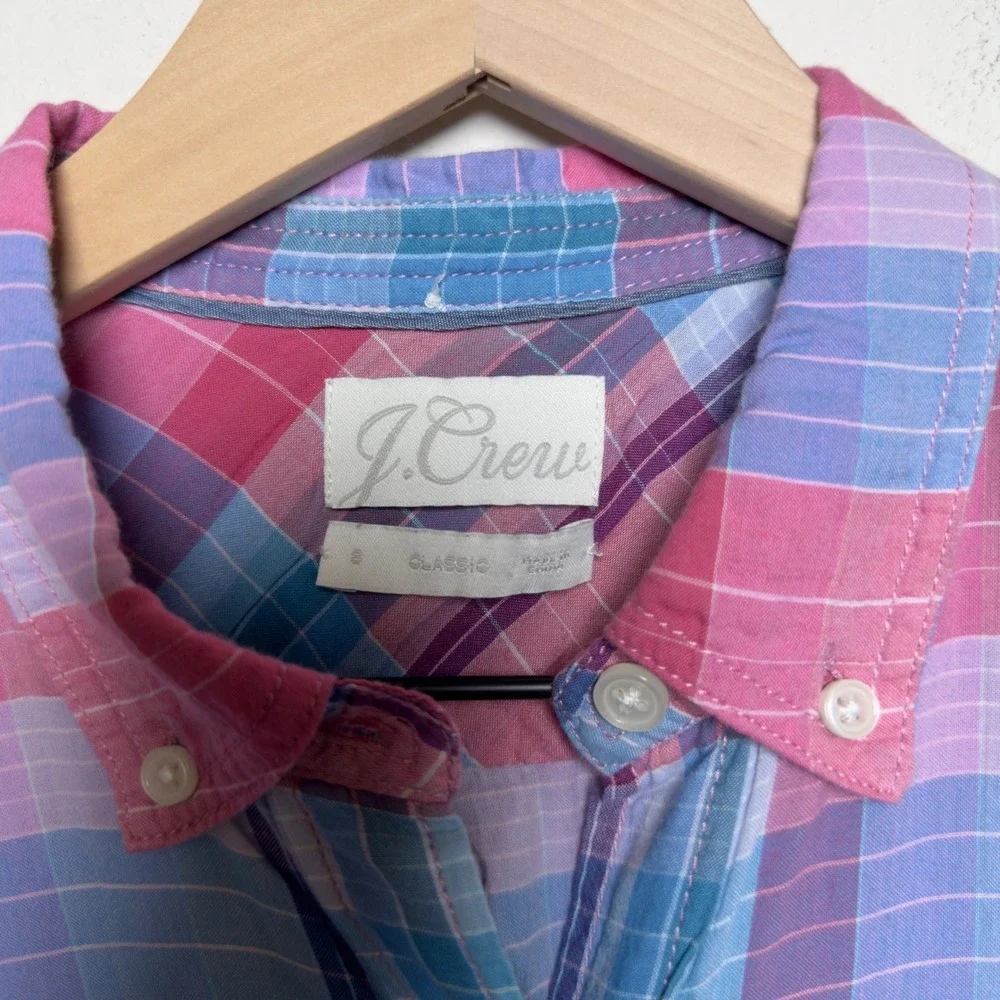 J. Crew Women Cotton Shirt S Pink Blue Plaid Popover‎ Button Down Preppy Picnic